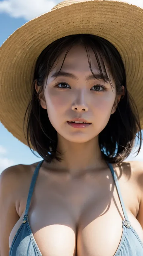 masterpiece,  top quality,  very detailed,  sexy、 wearing a straw hat、 naked in overalls 、, (Big Breasts), Japanese woman、baby face、Round face、 light makeup、 I sweated、( show me my whole body )、Facing directly