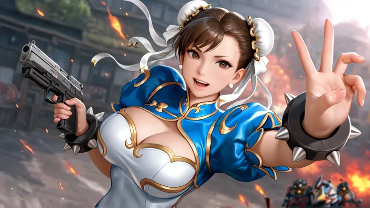  High resolution,  masterpiece, 1 , Create The Character Chun-li In The Game Free Fire She Is Wearing Blue Clothes With A Gun In Her Hand Several Enemies Falling From Parachutes, No Free Fire Chun-Li 