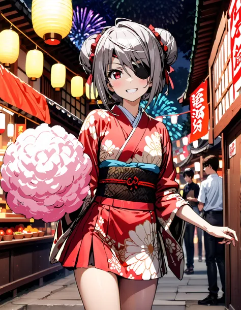 Laurabodewig,   Laura Bodevich  ,  red eyes,  Grey Hair , Eye patch,smile,blush, grin , bun hair,Black flower pattern kimono, miniskirt,Bare legs, holding a stick with cotton candy on it with one hand, standing,Fireworks in the night sky, fireworks,The tim...