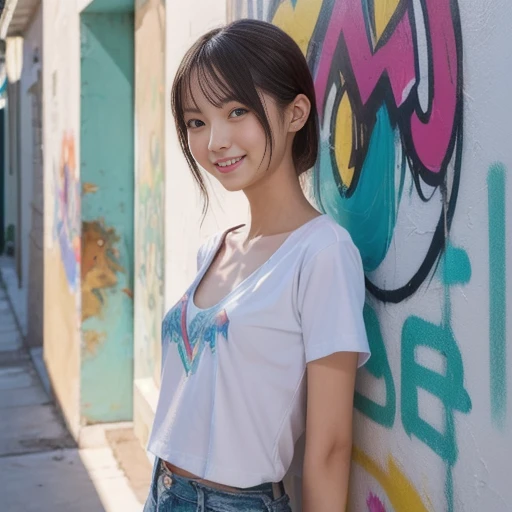 An illustration of a woman painting on the wall of a multi-tenant building, She is wearing a white T-shirt and denims that are stained with paint, and her body is drawn from head to knees from a side angle, The background is The colorful mural spreads out,...