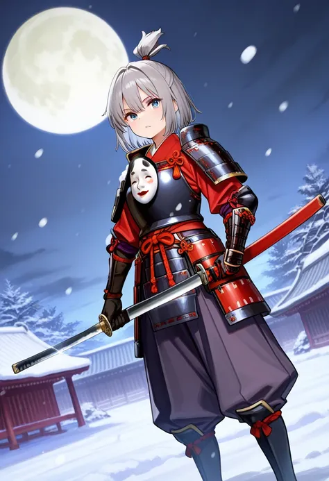 score_9,score_8_up,score_7_up,rating_safety,source_manga,masterpiece,best quality,hyper detailed,super fine illustration,8k,cinematic angle,from front,
BREAK 1girl,(grey hair,topknot),(Noh-mask),(middle breast:0.7),(samurai armor+mantle),(holding_katana),s...