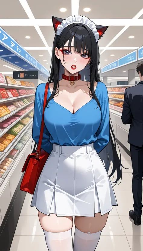 一个cute的女孩，cute，flirtatious，Baby-looking and big  ，Short， has long black hair， red lips，Half open mouth，shy，Red pupil，Collar，Cat ears， showing cleavage ， wearing a sky blue shirt，Wear a short skirt， white stockings，Orchid headdress ， with hands behind the b...