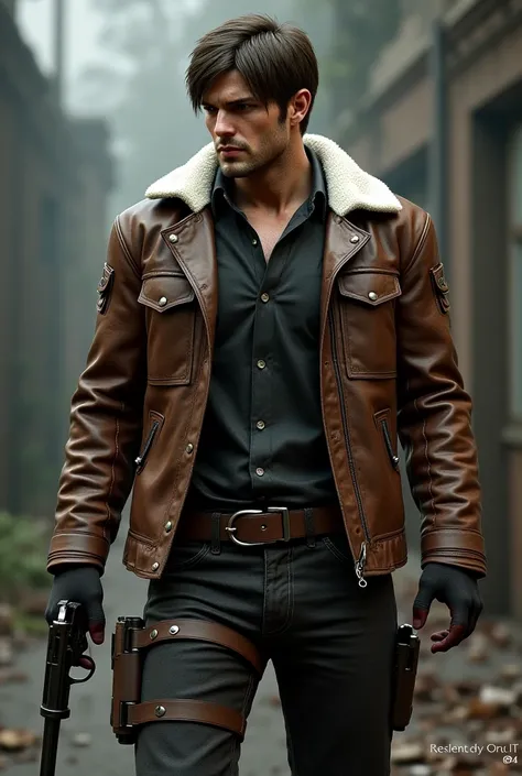 Create a character similar to Leon s Kenedy from wearing the clothes of Resident Evil 4 with his brown leather jacket with white fleece lining he wears a revolver and has a holster on his leg