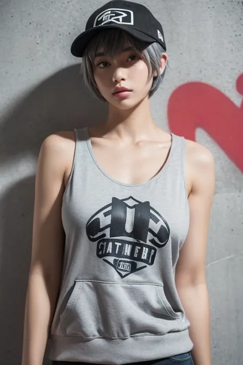 masterpiece,  top quality,  very detailed, 8k,  is present,  one girl to rainbow,  alone,  tomboy,  very detailed face, (Upper body photo:1.5),  is standing in front of a wall covered in hip-hop graffiti,  pixie cut gray hair ,  he's wearing a short tank t...