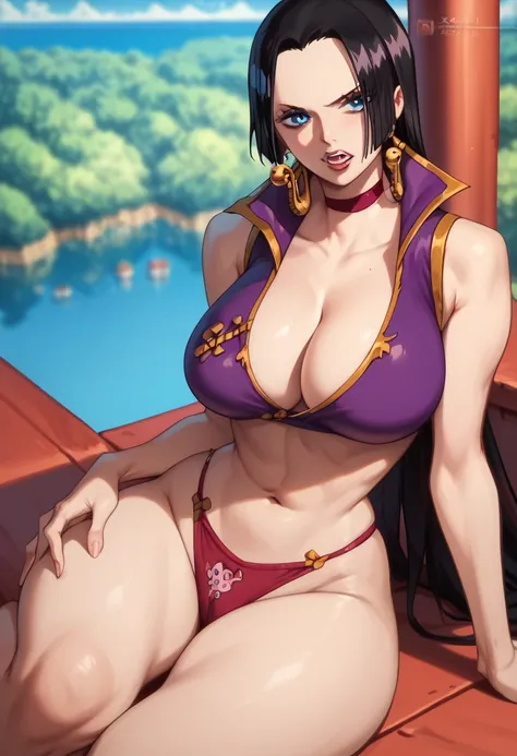 Boa Hancock big black hair blue eyes big breasts abdomen healed thick thighs big panties red dental floss red bra coming out of the lake in front sexy pose