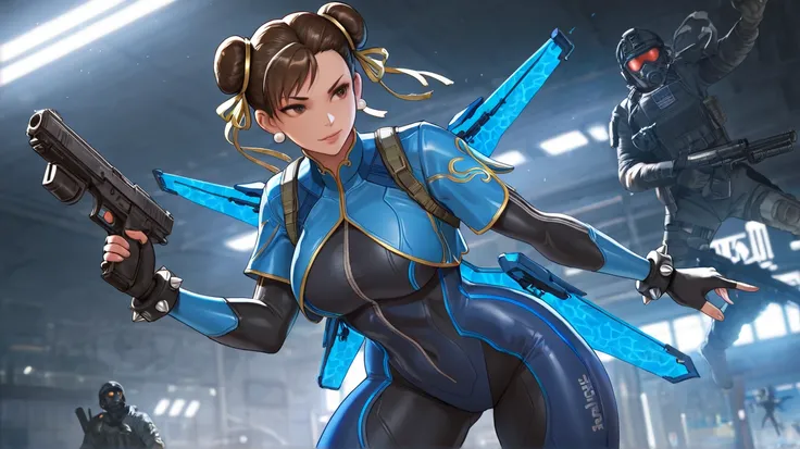  High resolution,  masterpiece, 1 ,  Create the character, Chun-li In the Game l , Call of Duty She Is in Blue Clothes Dressed in Blue and White With a Gun in Her Hand Several Enemies Falling from Wingsuits, No Call Of Duty Mobile Chun-Li 