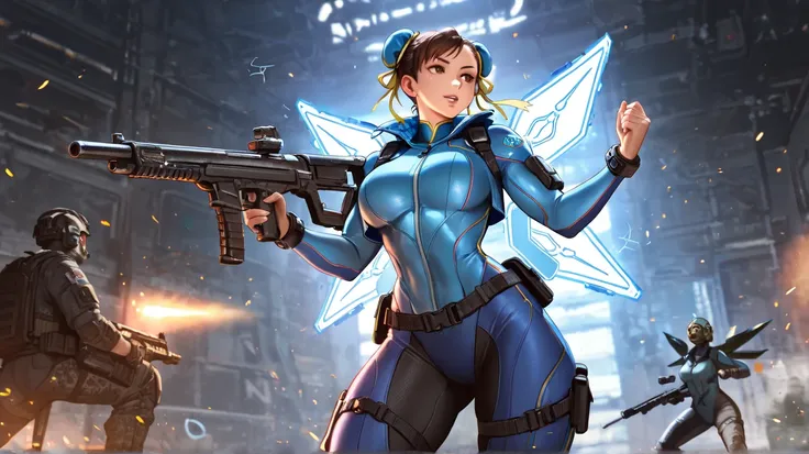  High resolution,  masterpiece, 1 ,  Create the character, Chun-li In the Game l , Call of Duty She Is in Blue Clothes Dressed in Blue and White With a Gun in Her Hand Several Enemies Falling from Wingsuits, No Call Of Duty Mobile Chun-Li 