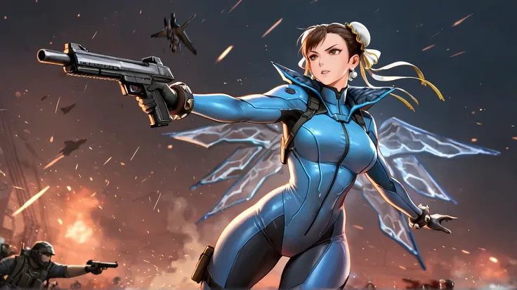  High resolution,  masterpiece, 1 ,  Create the character, Chun-li In the Game l , Call of Duty She Is in Blue Clothes Dressed in Blue and White With a Gun in Her Hand Several Enemies Falling from Wingsuits, No Call Of Duty Mobile Chun-Li 