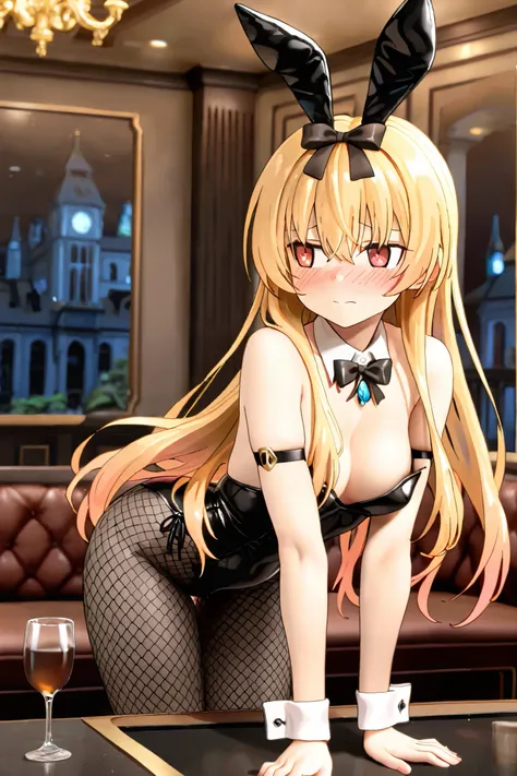 NSFW,masterpiece, top quality, high resolution, very detailed,Yue\(arifureta: from common to world's strongest\), red eyes、 blonde、 long hair、 hair bow、 Playboy Bunny , fishnet,gem, luxury mansion,bar,Sofa, coffee table,Alcohol,Embarrassed,blush,Prostitute...