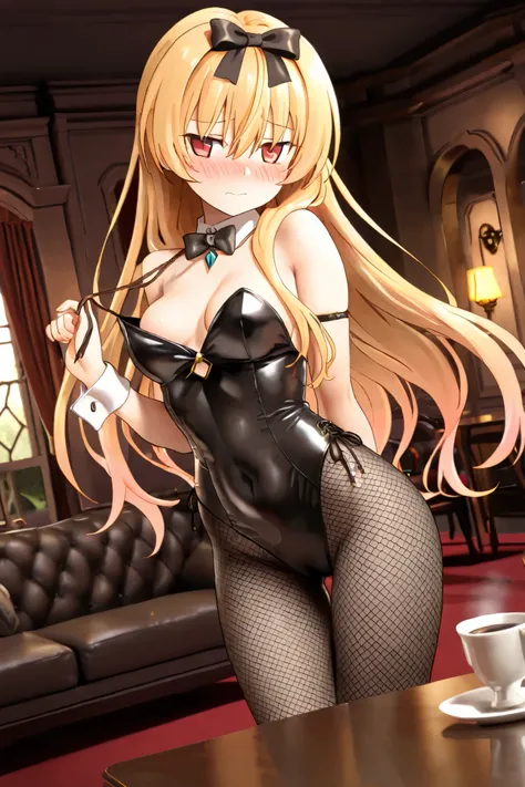 NSFW,masterpiece, top quality, high resolution, very detailed,Yue\(arifureta: from common to world's strongest\), red eyes、 blonde、 long hair、 hair bow、 Playboy Bunny , fishnet,gem, luxury mansion,bar,Sofa, coffee table,Alcohol,Embarrassed,blush,Prostitute...