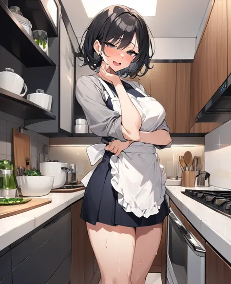  1 mature woman、Super part 、housewife、 semen、 top grade 、 black hair、 black eyes、 short hair、 Sweaty Body 、 contemporary kitchen、whole body、 uniform with apron、 Sexual Climax 