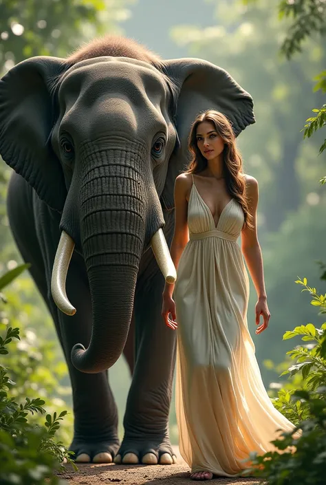 A beautiful woman walks with a bearded elephant