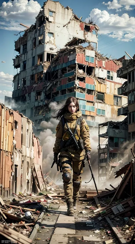 masterpiece,  top quality,  high resolution,  rich details , 8k,  extreme light and shadow ,  image of a beautiful young woman in yellow tactical gear, dirty and dusty ,  walking down the ruined streets of a collapsed city ,  post-apocalypse,  Aerial smoke...