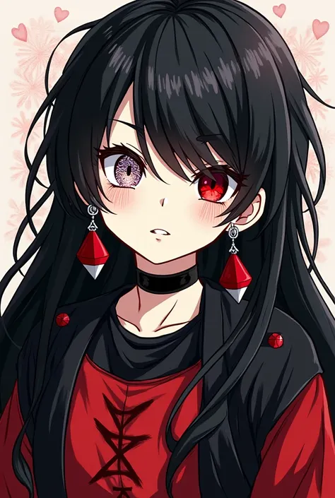 Boy with long black hair with a long choke, long eyelashes, scarlet red eyes with one pupil in a circle, half black and white and the other in the form of glitter, pale skin, diamond-shaped earrings, red vector with a black layer and a heavy black t-shirt,...