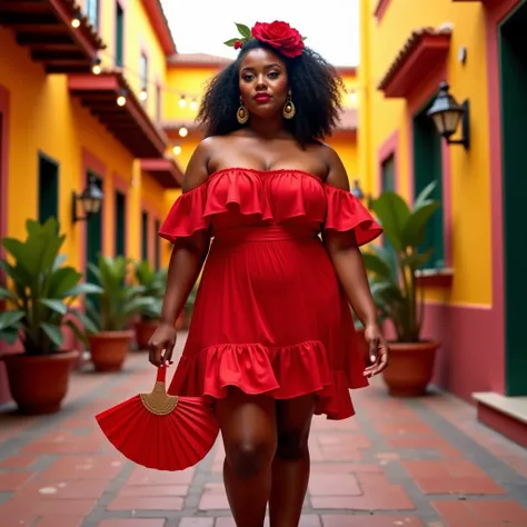 A curvaceous Black woman in a fiesta-ready flame: A ruffled mini dress in fiery red taffeta, the off-shoulder neckline and flared skirt bouncing with every step. She pairs it with black lace-up espadrilles and a flamenco-inspired fringed shawl. Her accesso...