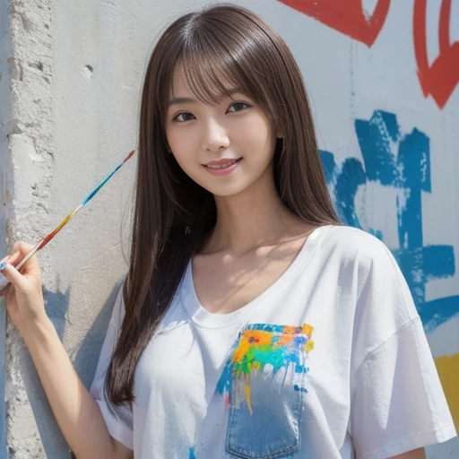 Illustration of a woman painting on the wall of a multi-tenant building, (she wears a paint-stained white T-shirt and denim: 1.3), from the head to the knees, viewed from behind, background There is a colorful mural, and the vivid colors are eye-catching, ...