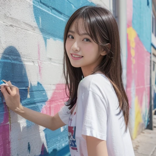 Illustration of a woman painting on the wall of a multi-tenant building, (she wears a paint-stained white T-shirt and denim: 1.3), from the head to the knees, viewed from behind, background There is a colorful mural, and the vivid colors are eye-catching, ...