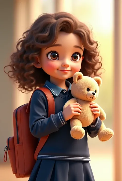    curly haired brunette with little bear in her hand, Backpack on the back navy blue school clothes  