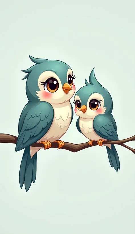 L'image montre une illustration numérique de deux oiseaux mignons, de style cartoon, perchés sur une branche. Les oiseaux ont de grands yeux expressifs et sont principalement de couleur bleu-vert et blanche. L'oiseau plus grand à gauche a un motif de plume...