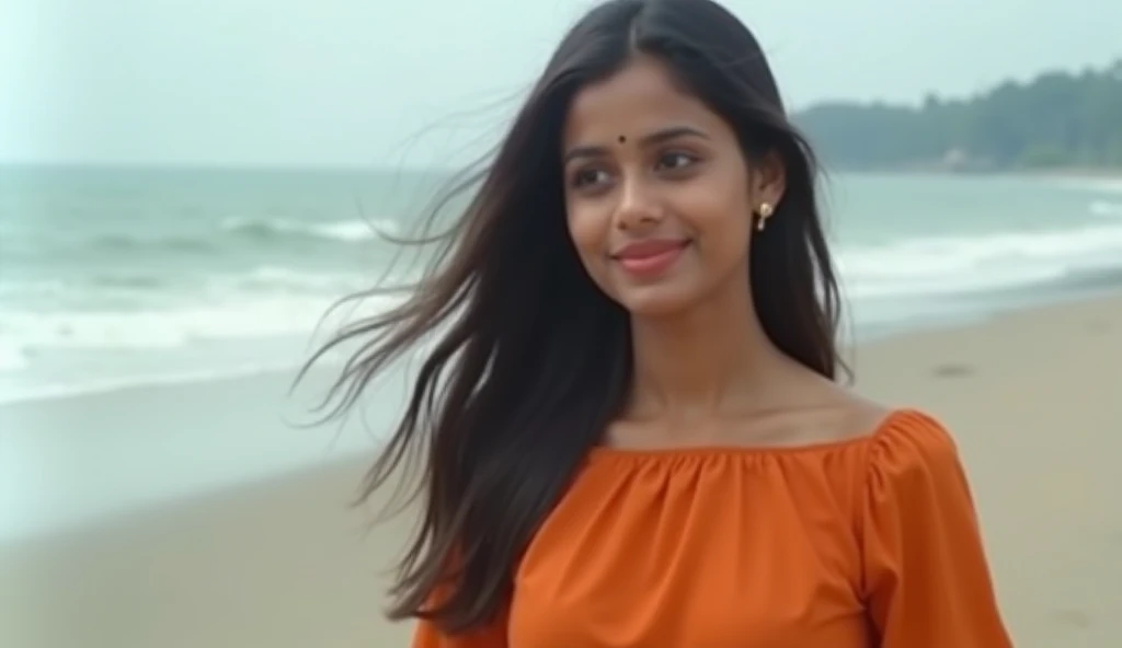 A beautiful, innocent 26-year-old Indian young women, dressed in a simple yet elegant orange dress. She has a warm, gentle expression on her face, her long dark hair flowing gracefully around her shoulders. Her posture is relaxed and graceful, with an aura...