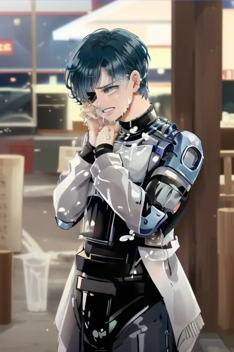 ( top quality), ( top quality), ( top quality), (Isshun in one period) Male RoboCop,  beautiful body, , ,({{ is crying, tears, tear up}},  half-open,  clench your teeth, saliva,   heavy breathing , sweat,Restaurant Kiri Mitsutada ,  black hair, with red ey...