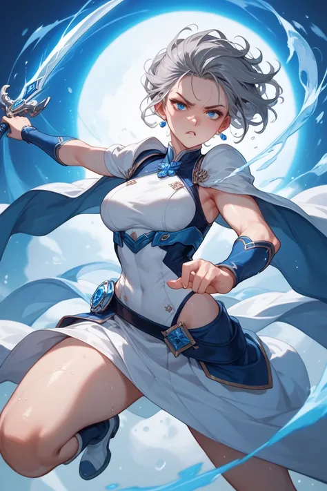  Draw a girl with gray hair stretched thin ,  cold beautiful face and bright blue eyes .Tall white body , she holds a sword ready to fight , magic effect every stream of light that surrounds her with power. 2D anime style 8k full HD effect .