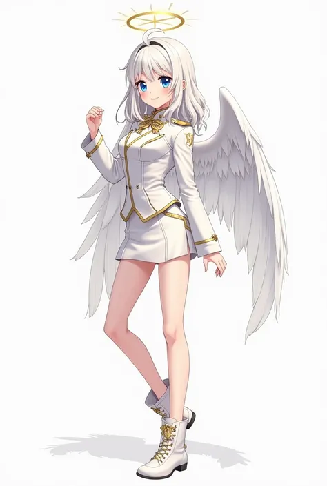  have a white background in anime style,  white women, blue eyes, wavy white hair ,  happy expression ,  she has angel wings ,White suit with gold trimmings ,  with a gold cover on the top , Wear fancy shoes ,  put her on all fours 