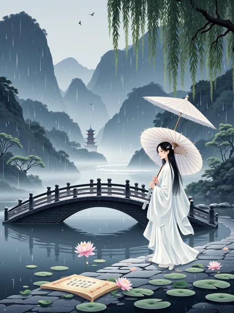 Paint a long, evocative scroll in the style of classical Chinese painting, imbued with oriental poetry and narrating the legend of the White Snake. The thousand-year romance should unfold amidst ink and washes of color. The scene begins with the misty, rai...