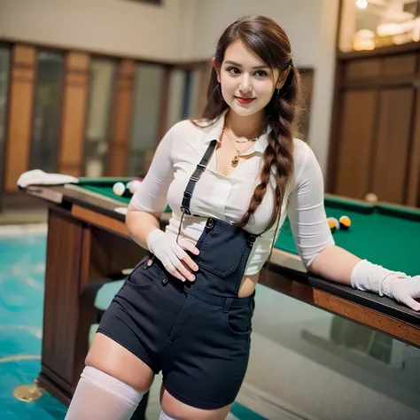 a character in a uniform standing in front of a pool table, breasts, smile, thighhighs, gloves, green eyes, braid, red hair, white gloves, twin braids, white thighhighs, hand on hip, clock, overalls