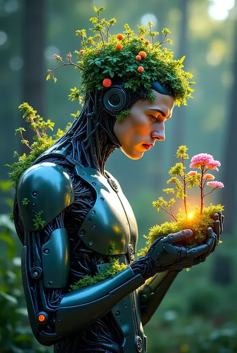 Technological Beings :  The picture focuses on a man with cybernetic elements,  that interacts with plants .  He has flowers and trees on his hands ,  that shine in bright colors ,  symbolizing the fusion of technology and organic life .