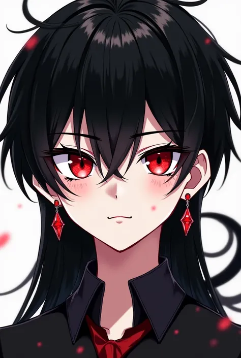 A male boy with long black hair and a high tail, both eyes red and one pupil shaped like a glitter and the other pupil shaped like a circle, half black, half white., pale skin diamond-shaped earrings vector of red completely thick eyebrows with long eyelas...