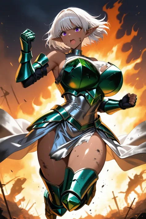 score_9,score_8_up,score_7_up,(masterpiece), ( best quality), １Dark Elf Fighting Girl , Dark Skin Tone,  silver hair, short hair, purple eyes, bangs ,huge breasts , ((Skin is dirty with soot)) , Girl in Crested Shiny and beautiful emerald armor, metallic E...