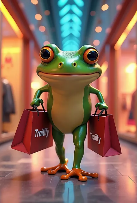 A Frog walking confidently with big shopping bags labeled 'Traitify'.with sparkling eyes and a playful smirk, surrounded by luxurious shop interiors and glowing neon lights, cartoonish 4K quality.
