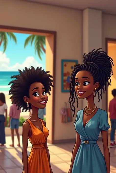 cartoon style of  Two black adult woman in a mall, with one smiling joyfully at the camera and the other cooking  with short dreadlocks, appearing relaxed. The mall's interior shows a very beautiful mall settings, crowd, casual wares . The lighting is natu...