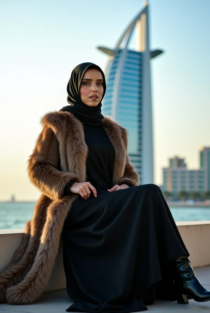 An 8K ultra-high-definition image captures a stunning woman with fair skin, radiating grace as she sits elegantly with the iconic Burj Al Arab towering behind her. Her calm yet confident expression meets the camera directly, emphasizing her poised elegance...