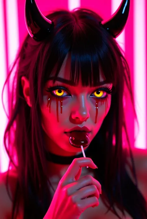 A realistic, hd, striking and seductive hot woman bathed in vivid neon pink light, creating an intense, glowing atmosphere. The character has long, tousled black hair with a glossy texture, highlighted by shiny black devil horns. Her piercing golden-yellow...