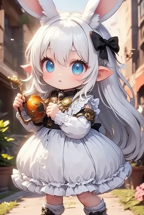  have a white background in anime style,  white women, blue eyes, wavy white hair ,  happy expression ,  she has angel wings ,White suit with gold trimmings ,  with a gold cover on the top , Wear fancy shoes ,  put her on all fours 