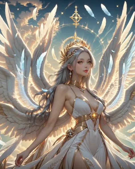 A majestic angel with ((six large spiritual wings)) glows softly with (a divine aura). The female angel has a serene expression with golden eyes, a beautiful feather headdress on her head, and silver hair flowing down her back.