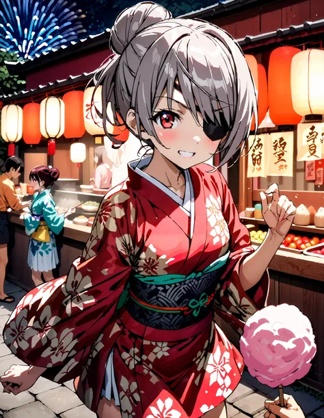 Laurabodewig,   Laura Bodevich  ,  red eyes,  Grey Hair , Eye patch,smile,blush, grin , bun hair,Black flower pattern kimono, miniskirt,Bare legs, holding a stick with cotton candy on it with one hand, standing,Fireworks in the night sky, fireworks,The tim...