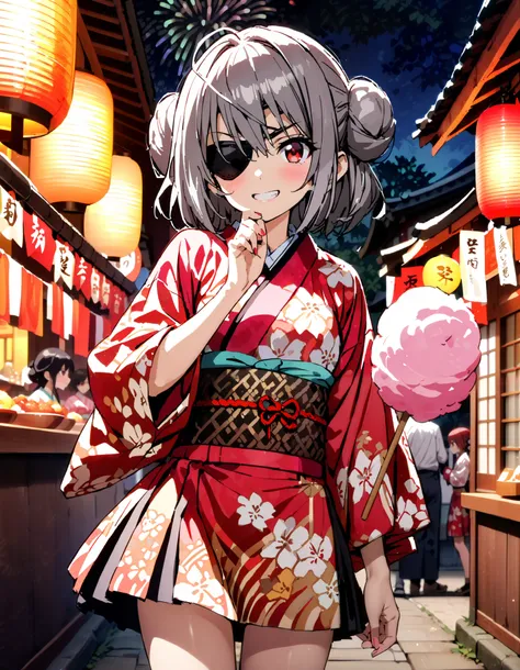 Laurabodewig,   Laura Bodevich  ,  red eyes,  Grey Hair , Eye patch,smile,blush, grin , bun hair,Black flower pattern kimono, miniskirt,Bare legs, holding a stick with cotton candy on it with one hand, standing,Fireworks in the night sky, fireworks,The tim...