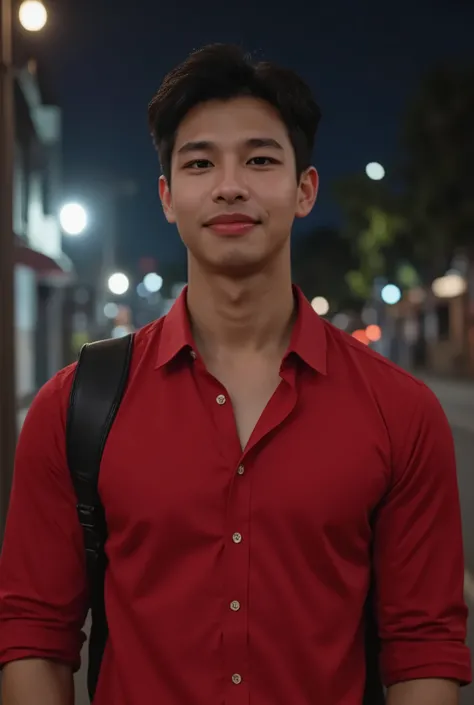 sex, masculine, Age 32 years, (Model, Byeon Woo-seok, South Korean celebrities), (bestquality:1.2, 8k resolution, highres:1.2), (asian, korea, handsome:1.4), red shirt, Short black hair, Good looking, Fair-skinned, Formal dress code, (On the road at night:...