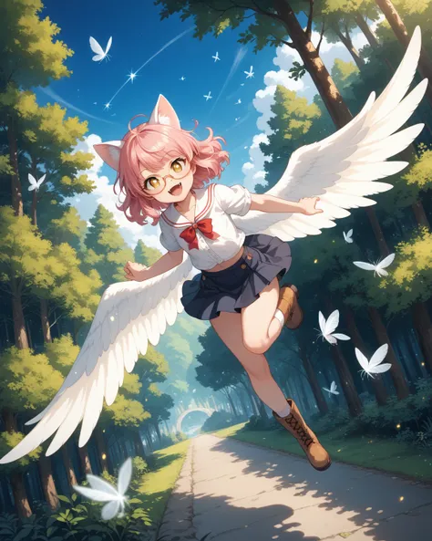 White cat with wings,  big wings , god, flies to the camera,  inside a cozy library ,  soft pink hair, Golden glasses,  Dynamic pose ,  yellow eyes , In the forest , flying , anime кошка  , in a white top and a white short skirt , boots, gaiters,  flies Hi...