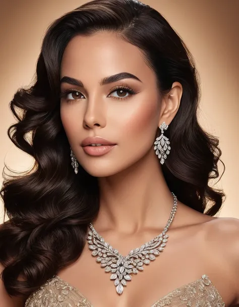 A stunning, highly detailed portrait of a glamorous woman with a symmetrical face, arched eyebrows, and almond-shaped, captivating eyes enhanced by smoky eyeshadow and shimmering highlights. She has full lips painted in a matte nude shade and a flawless, r...