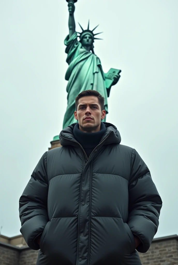 Change my background into statue of liberty and change my clothes to puffer jacket dont change my face