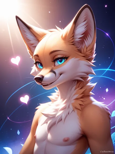 close-up of an anthropomorphic, fox-like character with vivid, expressive eyes. has large, luminous green and blue eyes with a heart-shaped iris in the center, creating a mesmerizing effect. The fur around the face is a soft, gradient mix of pink, purple, ...