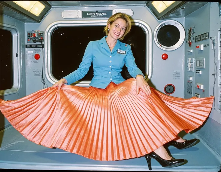 In a 35mm Award-winning photograph, long exposure, detailed, and vivid. Documentary shot, a smiling Sapphic space therapist Lady is sitting down on the floor in a lesbian women's spaceship, her long, pleated Skirt smoothly fans around her, flowing in the w...