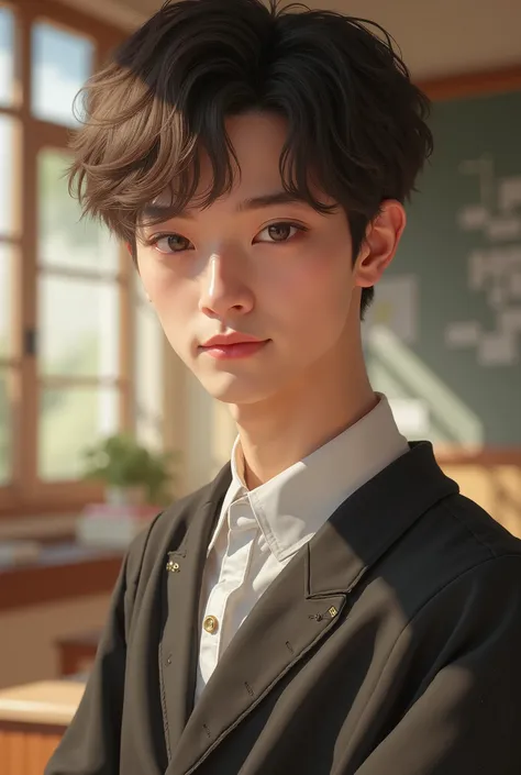 (masterpiece, best_quality:1.2), 1boy, Jeramie, solo, cute school_boy_outfit:1.5, detailed eyes, detailed lips, long eyelashes, beautiful, elegant, serene expression, intricate details, photorealistic, studio lighting, vivid colors, realistic, warm lightin...