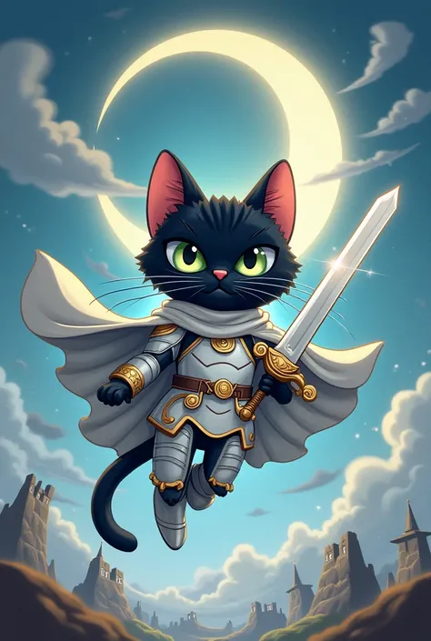 Draw a cartoon fantasy with a black cat wearing a white knight's suit, flying with an escariber sword. The background has an eclipse, the letters SzG are in the picture.