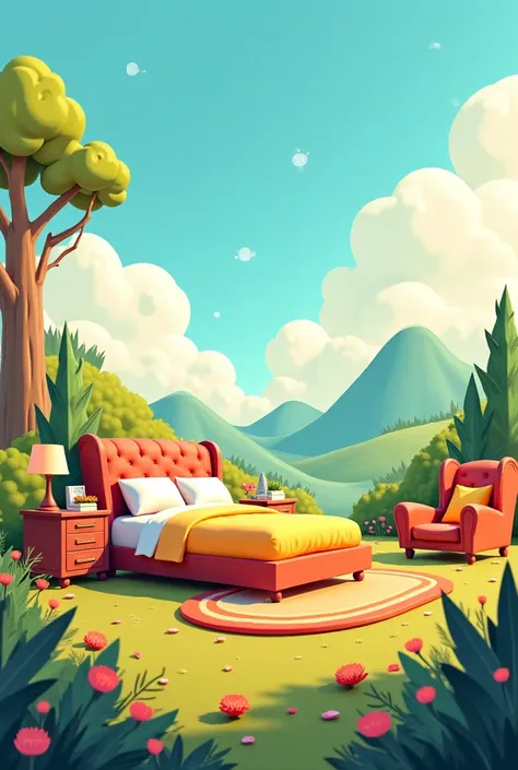 The cartoon king bedroom has a king seat and an amber seat next to it, but there is no need for people. Landscape image