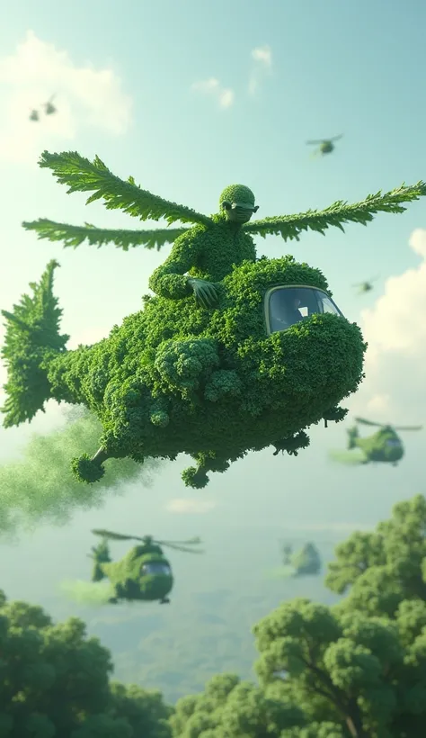 A **** made of kale is flying up and down in a helicopter made of kale, with millions of babies made of kale flying behind him.🥬